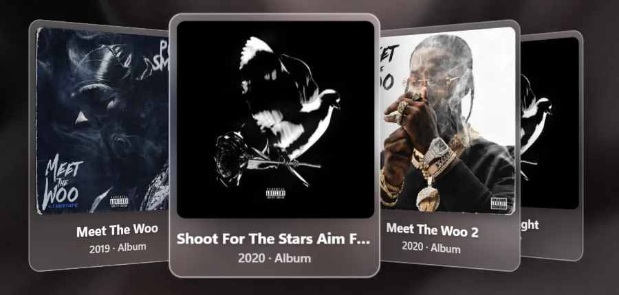 Cover flow with Pop Smoke's albums: Meet The Woo, Shoot For The Stars Aim For The Moon, Meet The Woo 2.