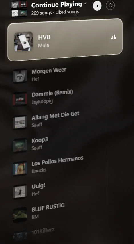 The Continue Playing list with the playing song on a cream card at the top and songs like it below.